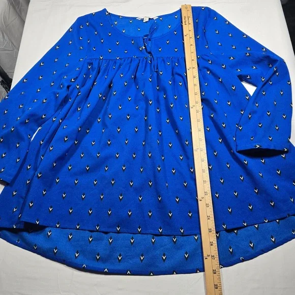 Jack womens babydoll large Blue Geometric Diamond Print Blouse Top  Long Slv - Picture 5 of 8